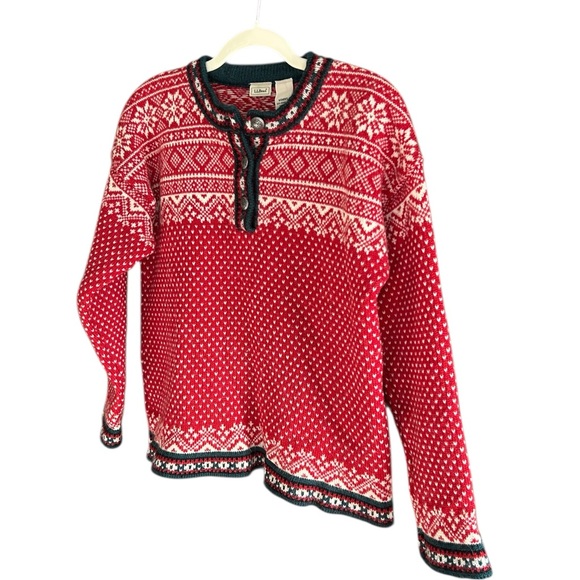 VINTAGE LL BEAN Fair Isle Merino Wool Sweater Buttons Red M - Picture 7 of 7